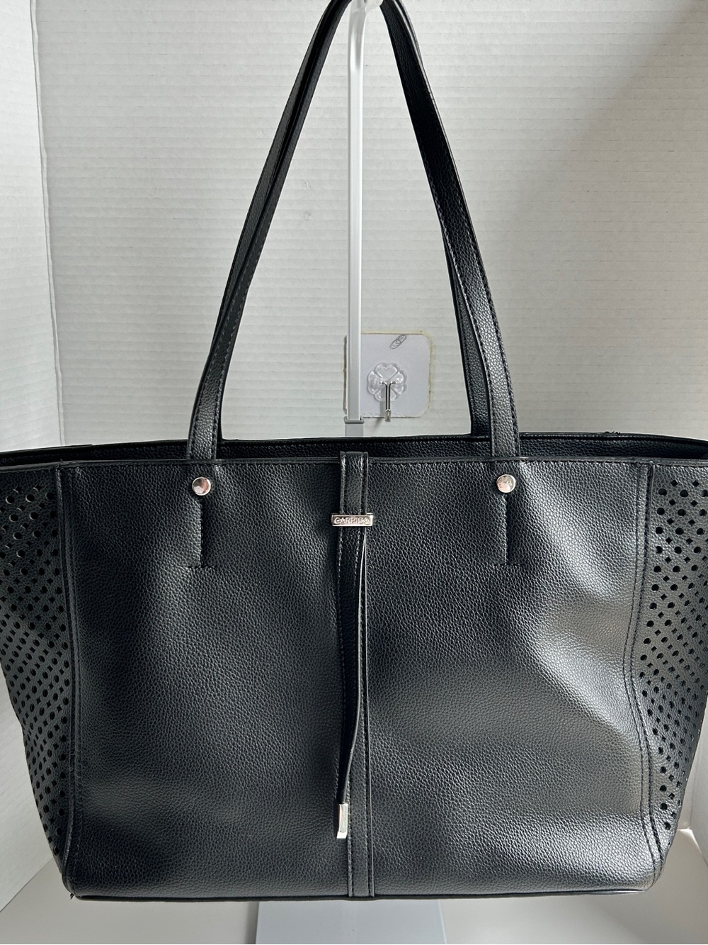Carpisa Black Pebbled Leather Laptop Tote Bag perforated sides work travel